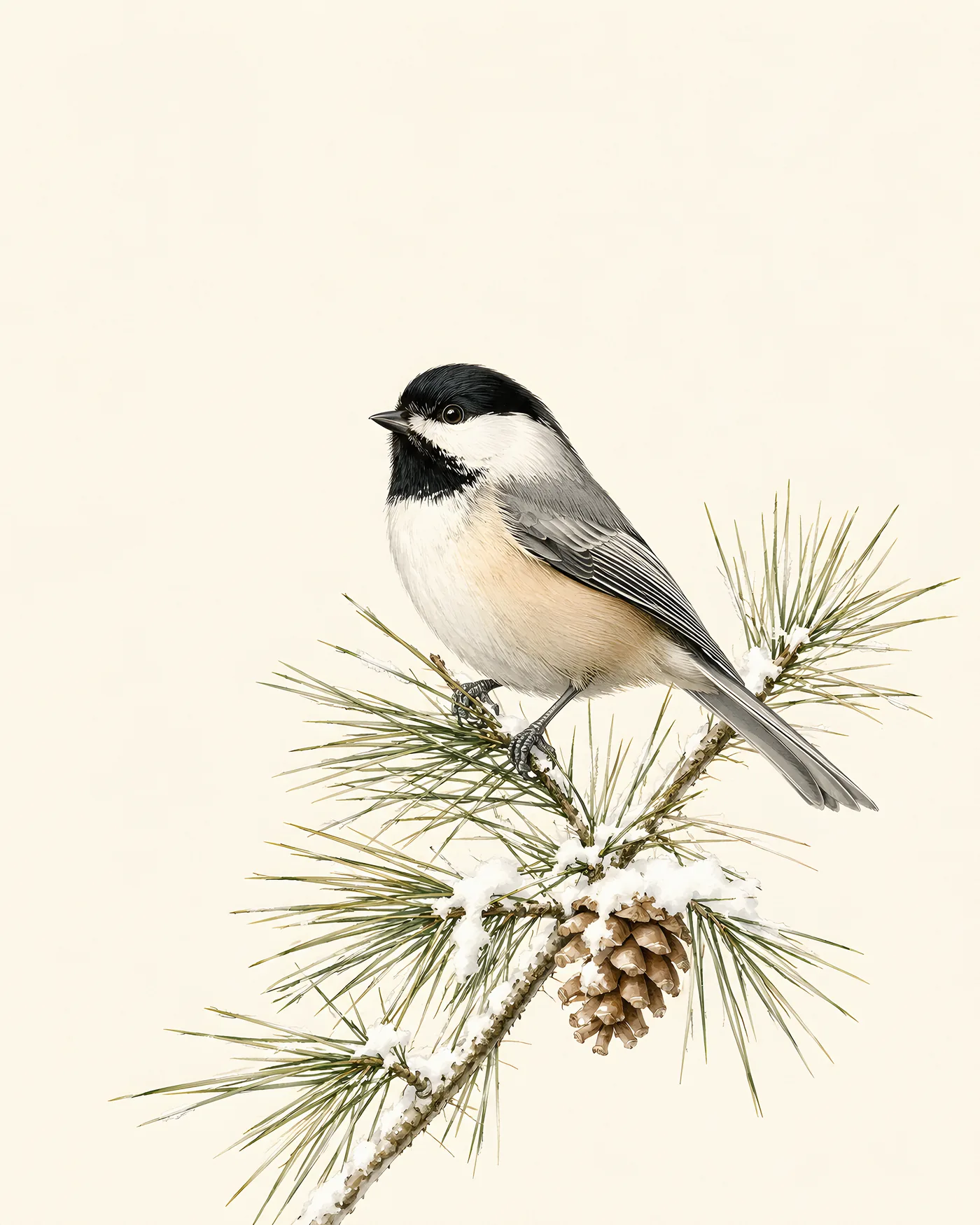 Fine-art plate of a black-capped chickadee on a pine bough