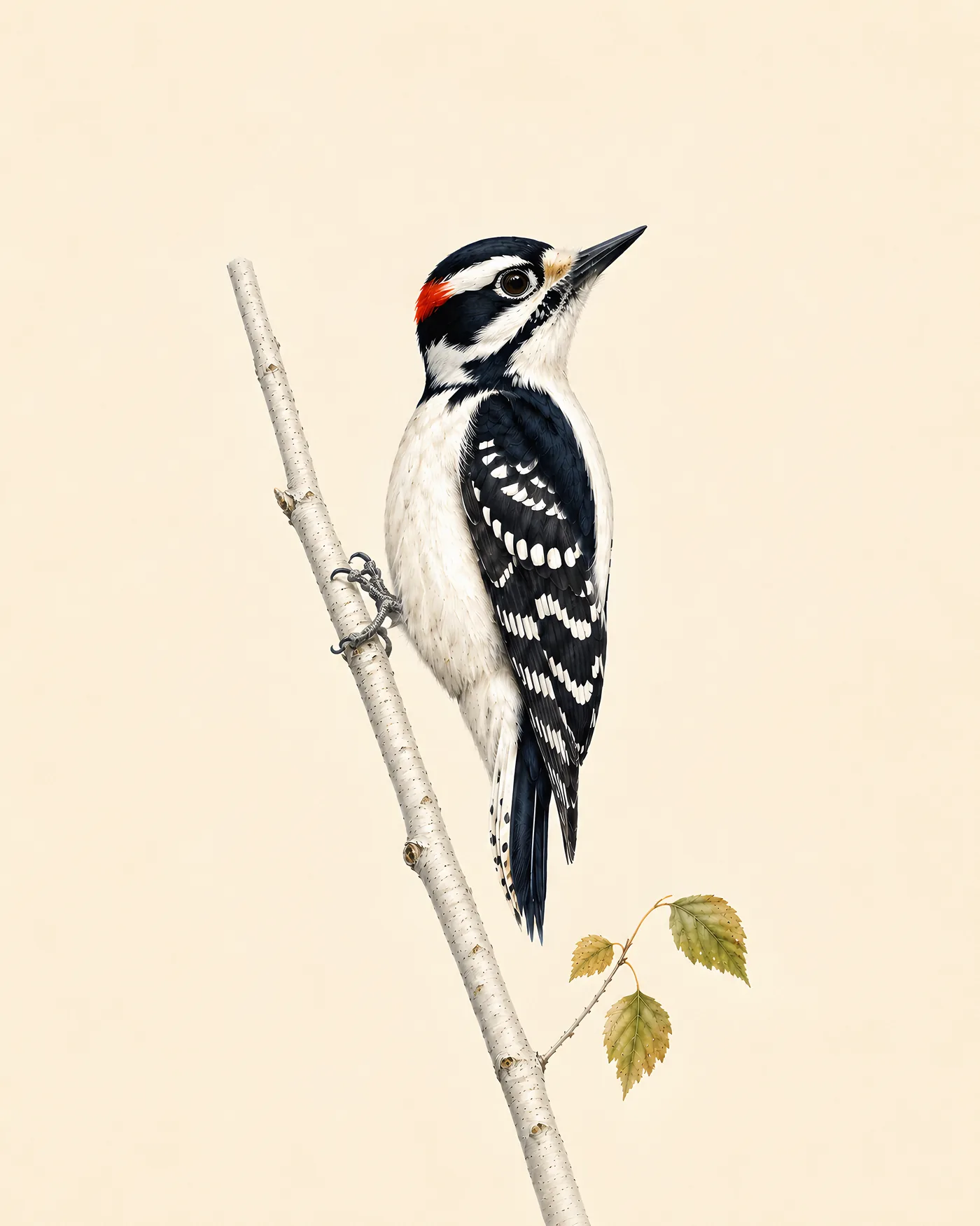 Fine-art plate of a downy woodpecker at a suet feeder