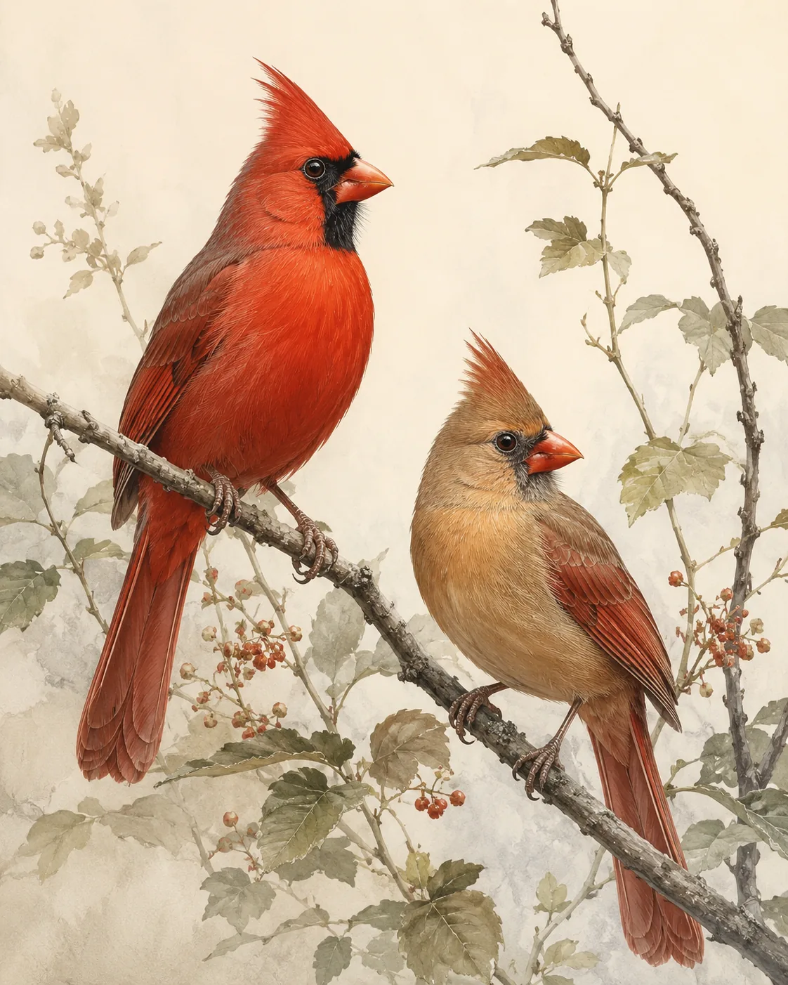 Fine-art plate of a northern cardinal pair